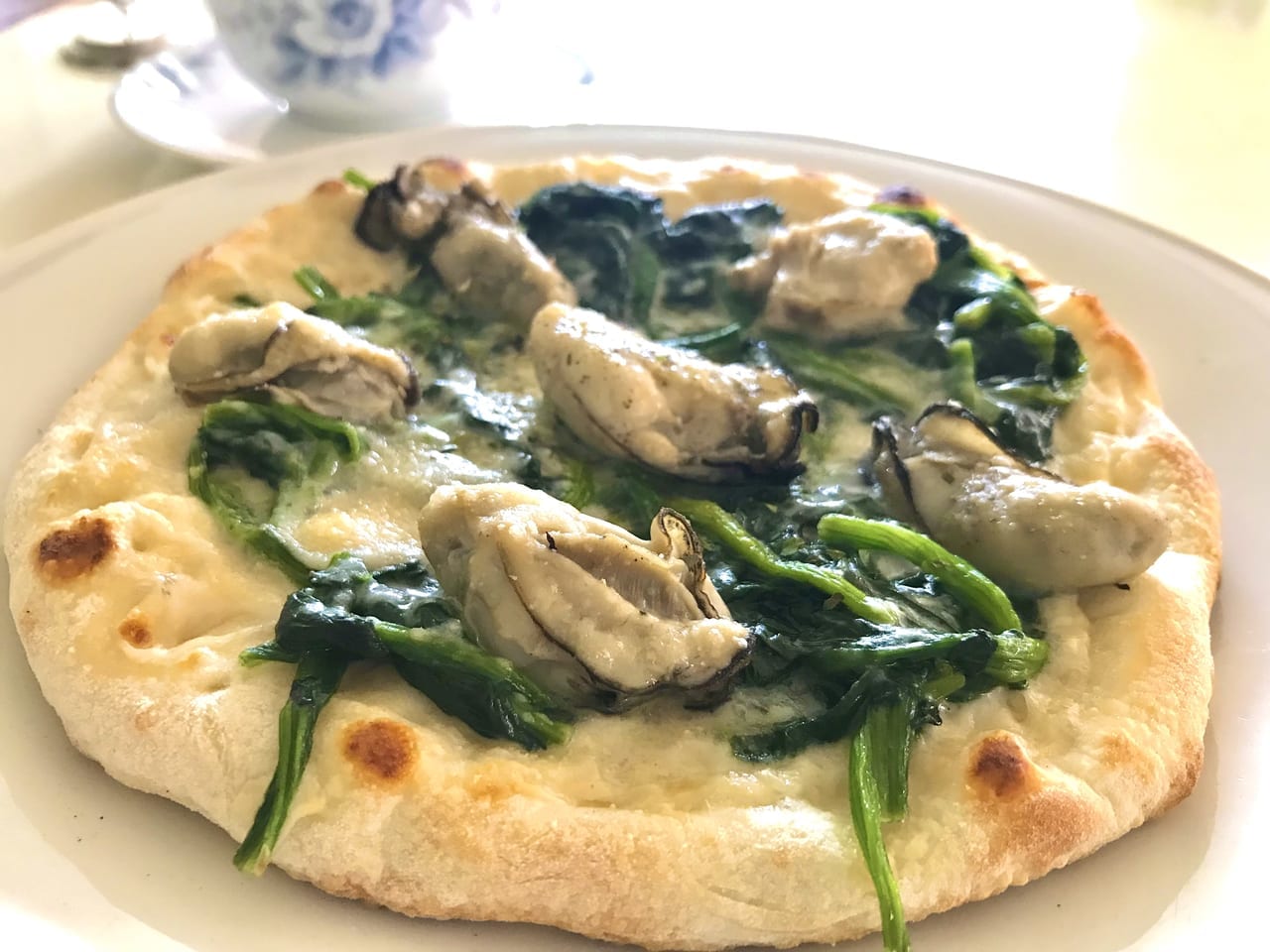 帯広市　ピザ　11月限定　牡蠣　六花亭 喫茶室　今月のおすすめメニュー　カキとホウレン草のピザ